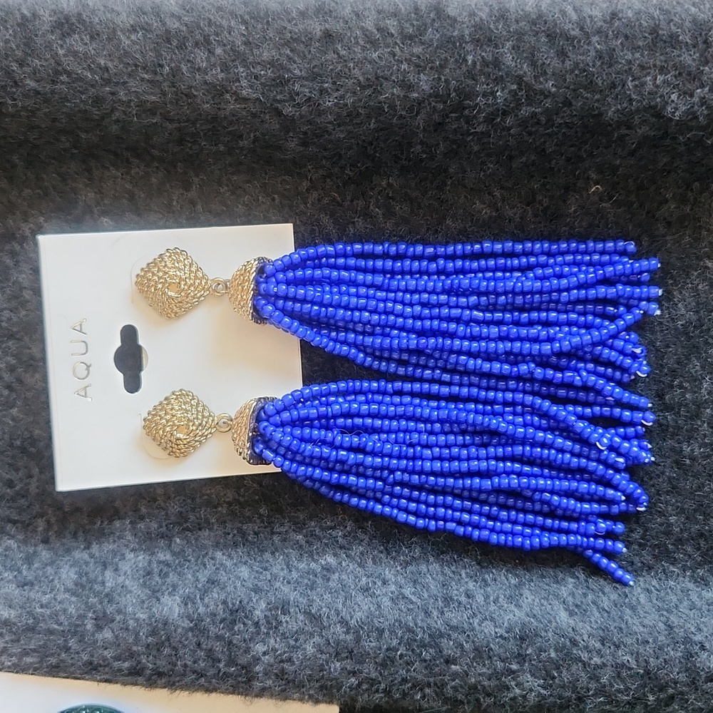 AQUA Electric Blue Tassel Earrings with gold hardware